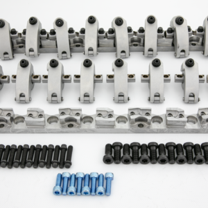 Gorgeous high res picture of a complete set of parts for Jesel Rocker Assembly kit with rocker stand, rockers, screws beautifully arranged and pictured on white background.