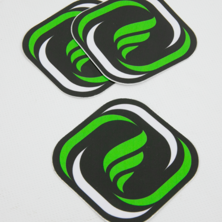 3 decals of frankenstein engine dynamics logo shown in green white in black, pictured isolated on white background.